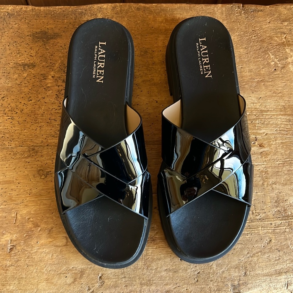 Ralph Lauren Kelsie Black Patent Leather Sandal 9